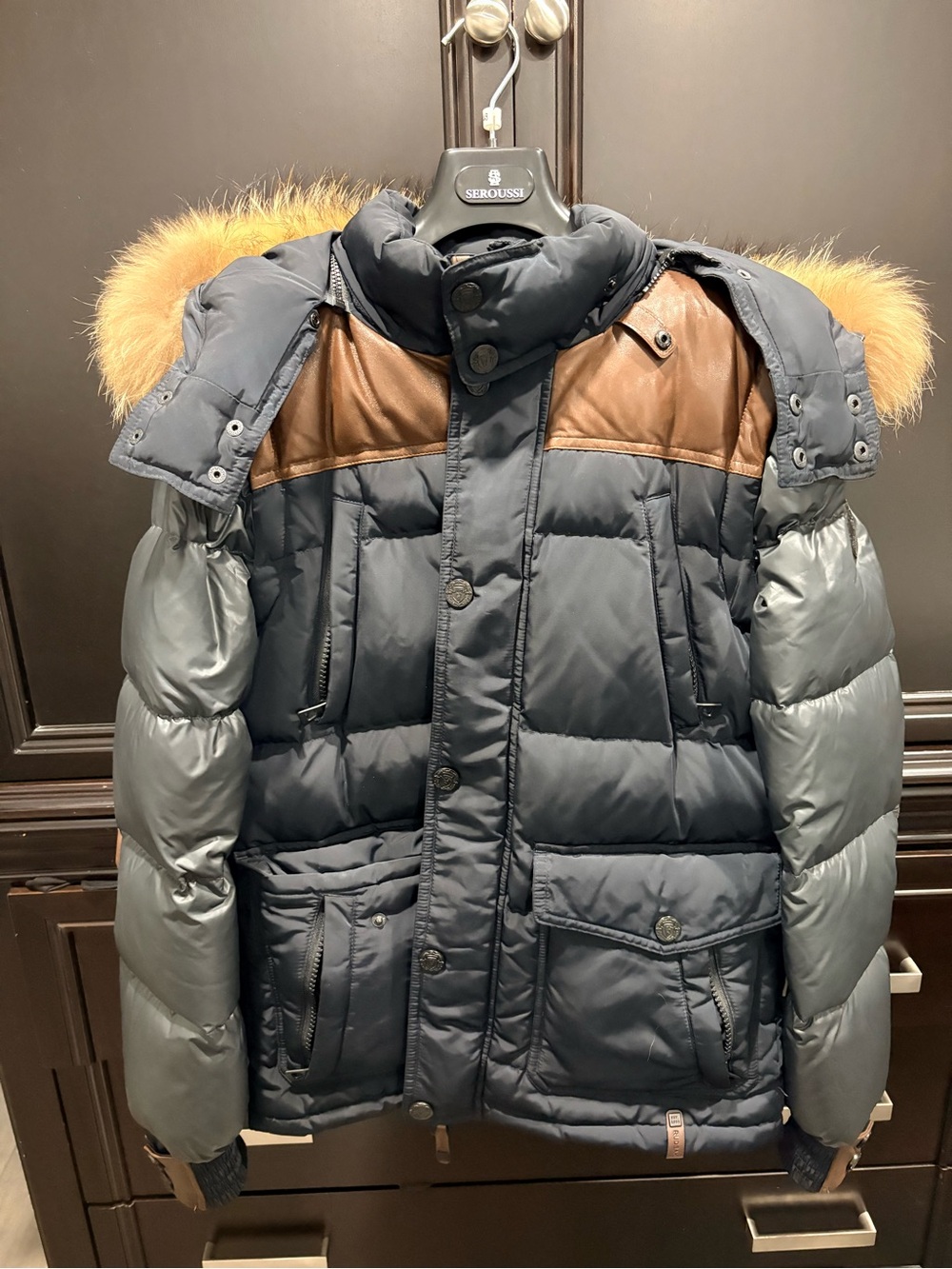 RUDSAK Navy and Brown Puffer Parka with Fur-Trim Hood